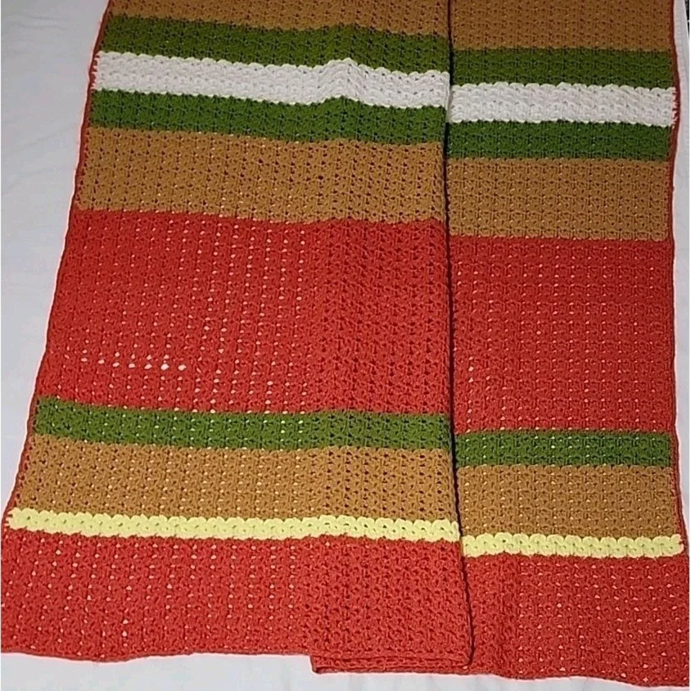 Large Handmade Crocheted Afghan, Orange Yellow Brown Green Stripes, 56‎ X 72